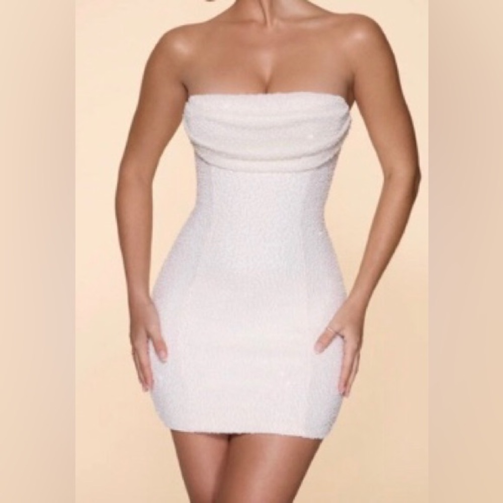 Oh Polly Strapless Beaded Stretch Mini Dress 10 Cream Bridal Shower Wedding
